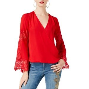 I.N.C‎ Womens Red Surplice-Neck Lace Sleeve Top P/M